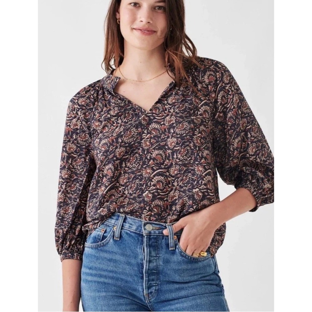Faherty Portia Top Artisan Block Print Navy Floral Puff Sleeve Blouse Small